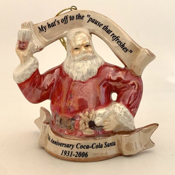 4 Coca-Cola Pearlescent Porcelain Xmas Ornaments 3 Santa 1 Polar Bear Vintage - Picture 5 of 15